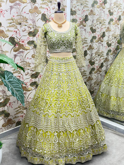 Heavy Chain Stich Work Green Lehenga Choli
