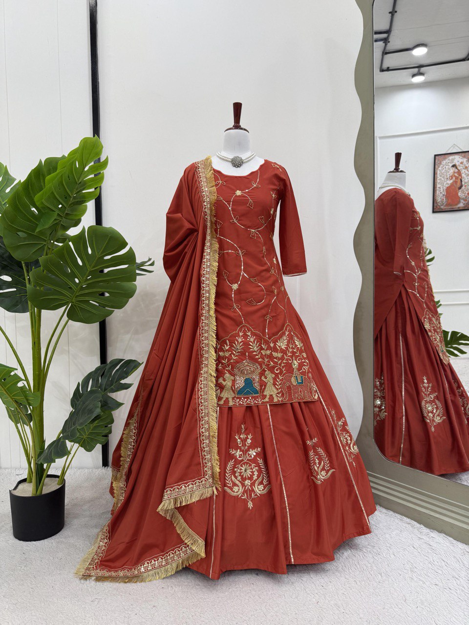 Dark Orange Natural Crep silk Lehenga Top