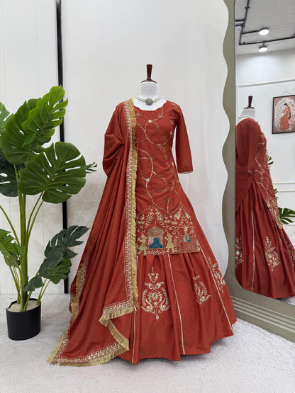 Dark Orange Natural Crep silk Lehenga Top