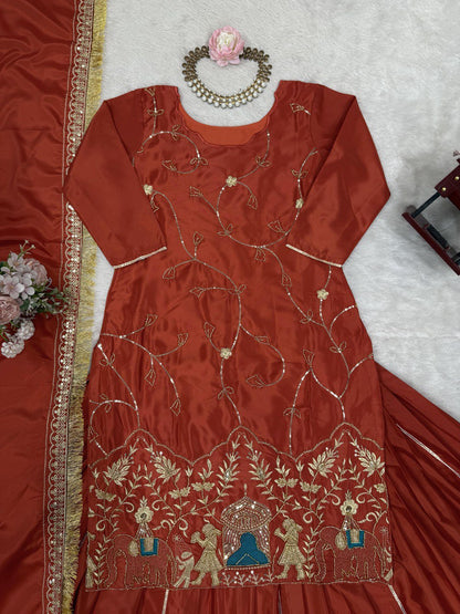 Dark Orange Natural Crep silk Lehenga Top