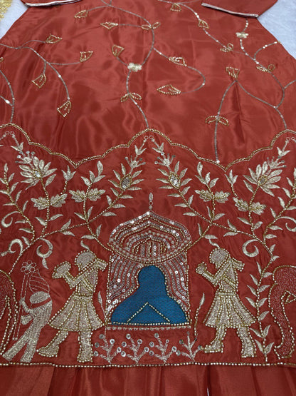 Dark Orange Natural Crep silk Lehenga Top
