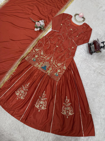 Dark Orange Natural Crep silk Lehenga Top