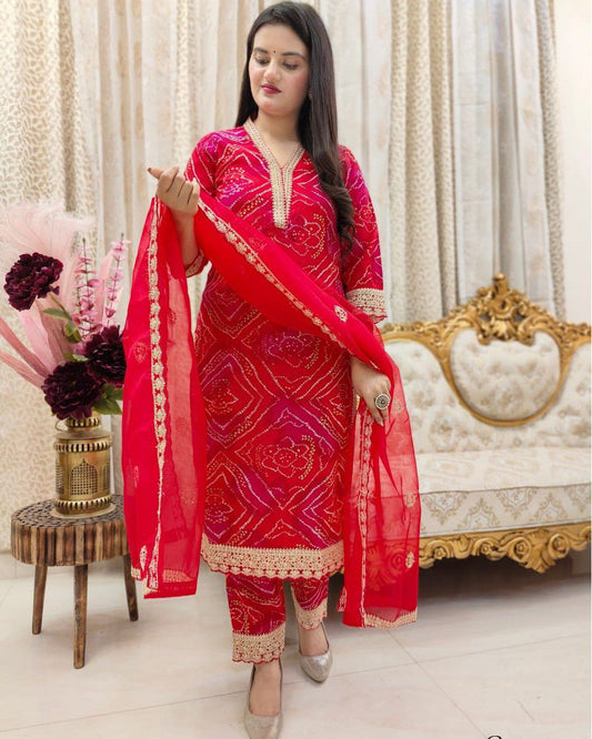Beautiful Red Bandhni Printed Salwar Suit With Fancy Duppata