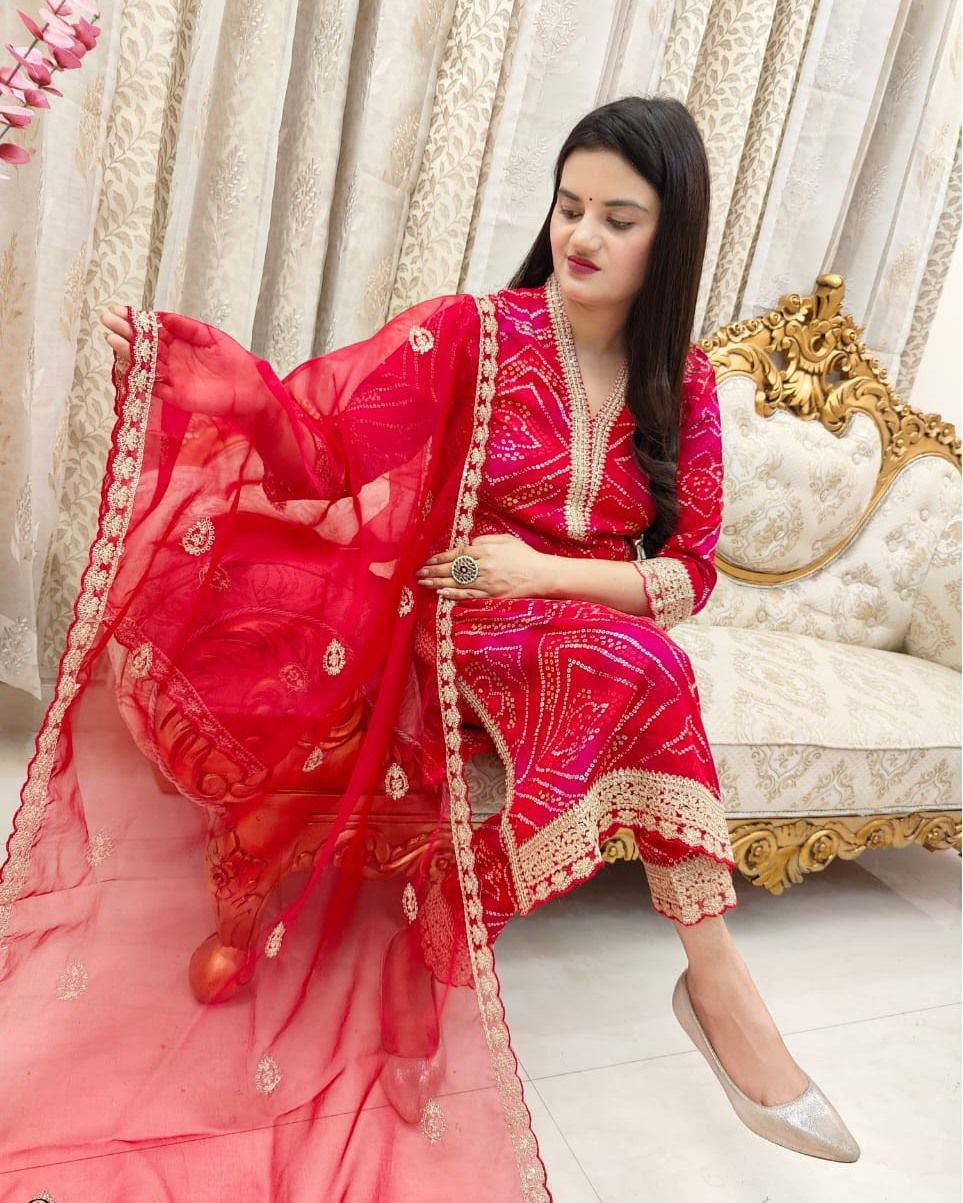 Beautiful Red Bandhni Printed Salwar Suit With Fancy Duppata