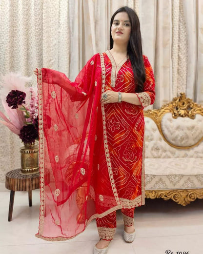 Beautiful Red Bandhni Printed Salwar Suit With Fancy Duppata