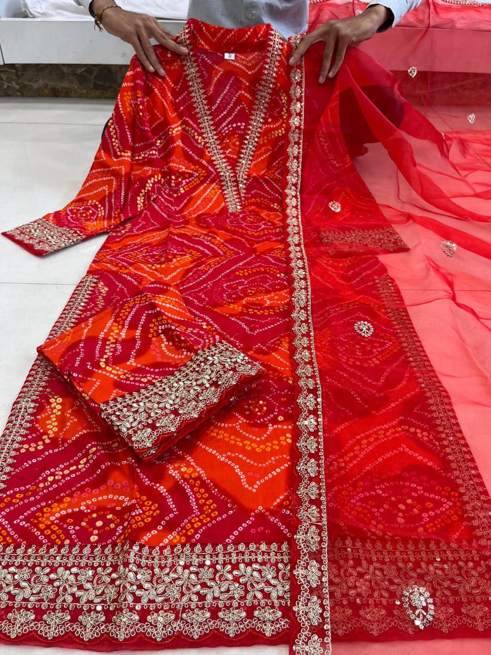 Beautiful Red Bandhni Printed Salwar Suit With Fancy Duppata