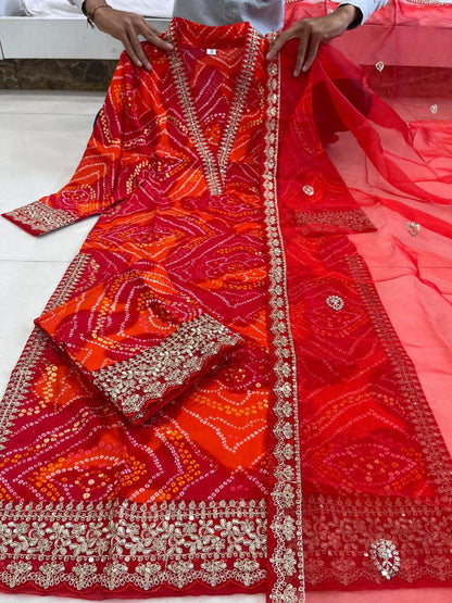 Beautiful Red Bandhni Printed Salwar Suit With Fancy Duppata