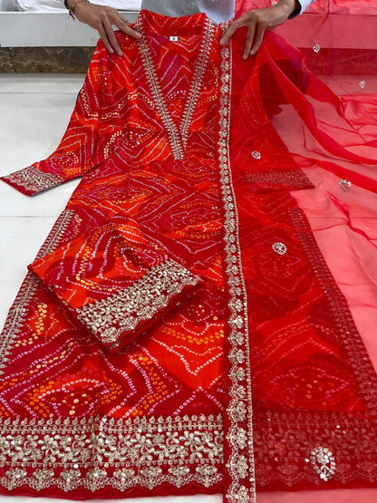 Beautiful Red Bandhni Printed Salwar Suit With Fancy Duppata