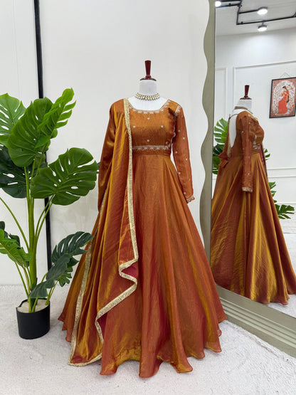 New Arrival Fendi Silk Thread & Sequence Work Gown Bottom With Dupatta