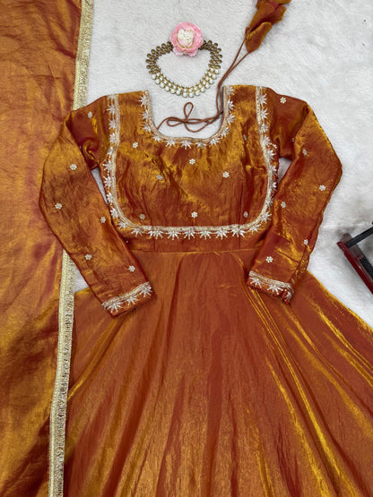 New Arrival Fendi Silk Thread & Sequence Work Gown Bottom With Dupatta