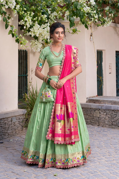 Paithani Jacquard Silk Lehenga Choli With Batwa, Drawstring & Tassels