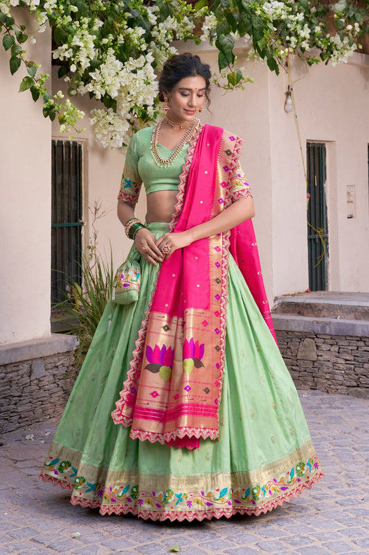 Paithani Jacquard Silk Lehenga Choli With Batwa, Drawstring & Tassels