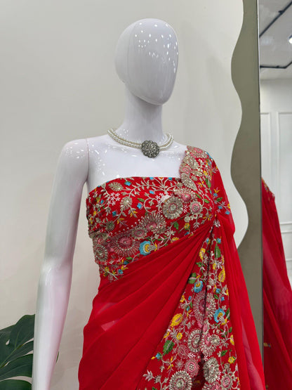 Charming Red Colour Faux Georgette Saree