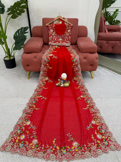 Charming Red Colour Faux Georgette Saree