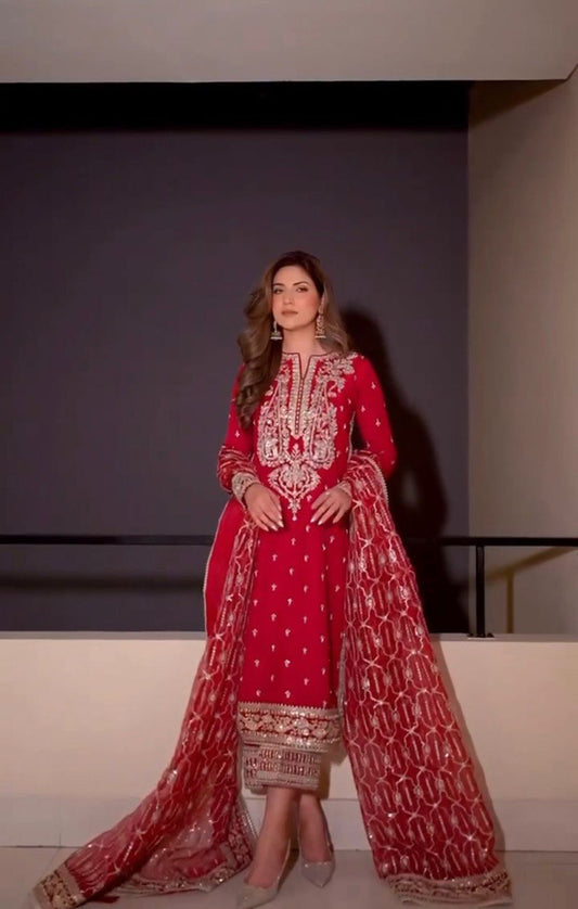 Red Colour Roman Silk Plazo Suit With Dupatta