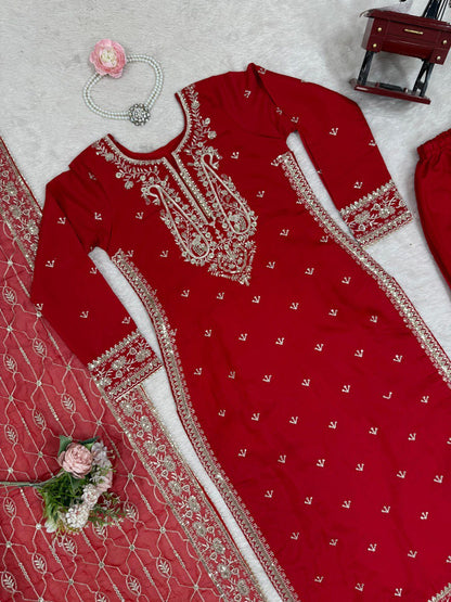 Red Colour Roman Silk Plazo Suit With Dupatta