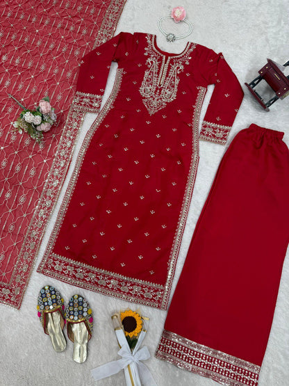 Red Colour Roman Silk Plazo Suit With Dupatta