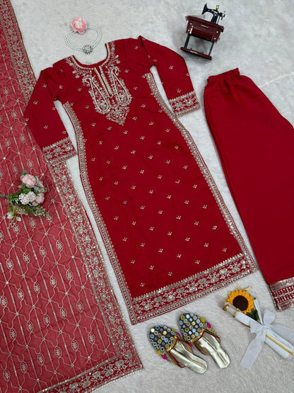 Red Colour Roman Silk Plazo Suit With Dupatta