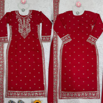 Red Colour Roman Silk Plazo Suit With Dupatta