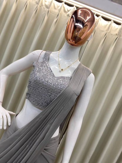 Trending New Fancy Ready To Wear Star Georgette Sequence Work Saree With Koti And Fullstitched Blouse