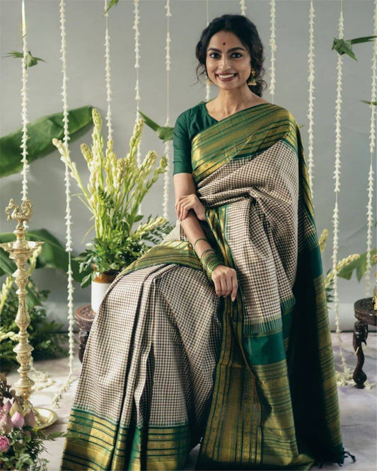 Green Checks Designer Soft Lichi Silk  Saree