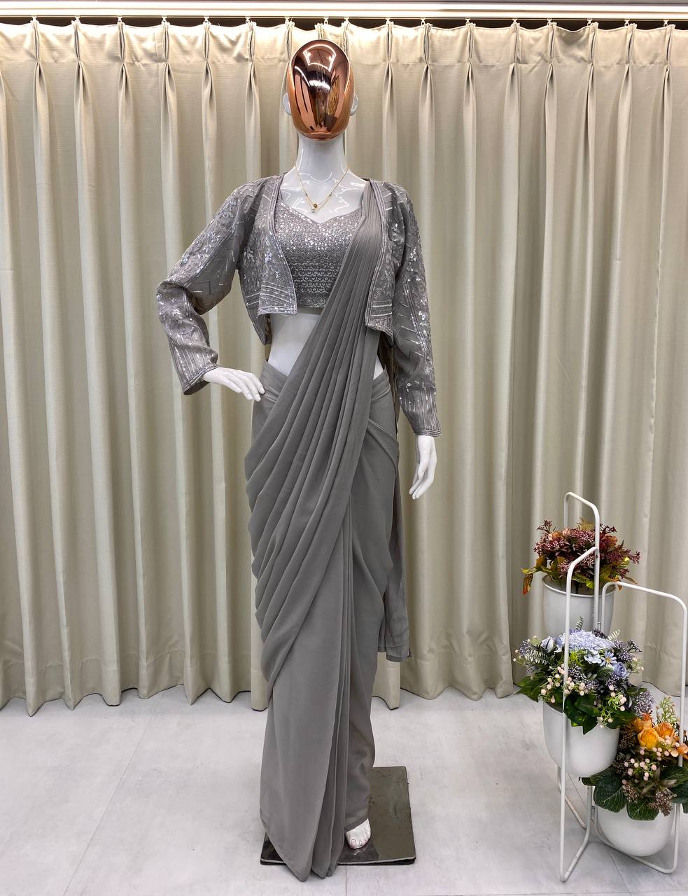 Trending New Fancy Ready To Wear Star Georgette Sequence Work Saree With Koti And Fullstitched Blouse