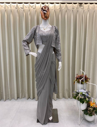 Trending New Fancy Ready To Wear Star Georgette Sequence Work Saree With Koti And Fullstitched Blouse