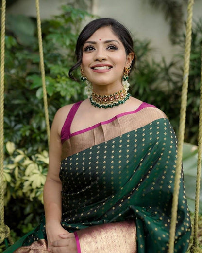 Dark Green Lichi Silk Jacquard Silk Weaving Saree