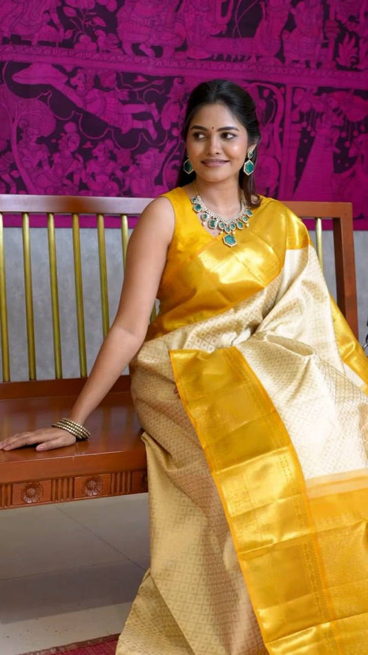 Cream Yellow Colour Lichi Silk Designer Jacquard Weaving Saree