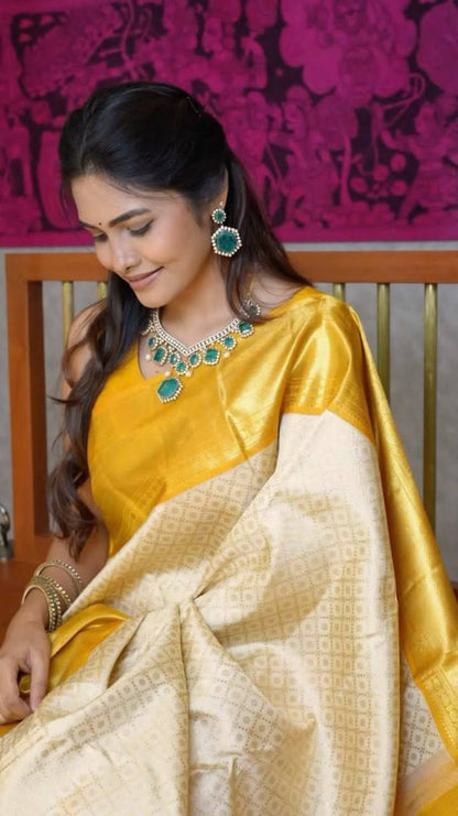 Cream Yellow Colour Lichi Silk Designer Jacquard Weaving Saree