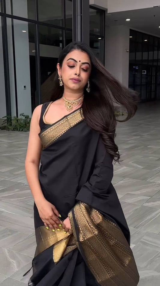 Black Lichi Silk Jacquard Weaving Saree With Beautiful Tassels