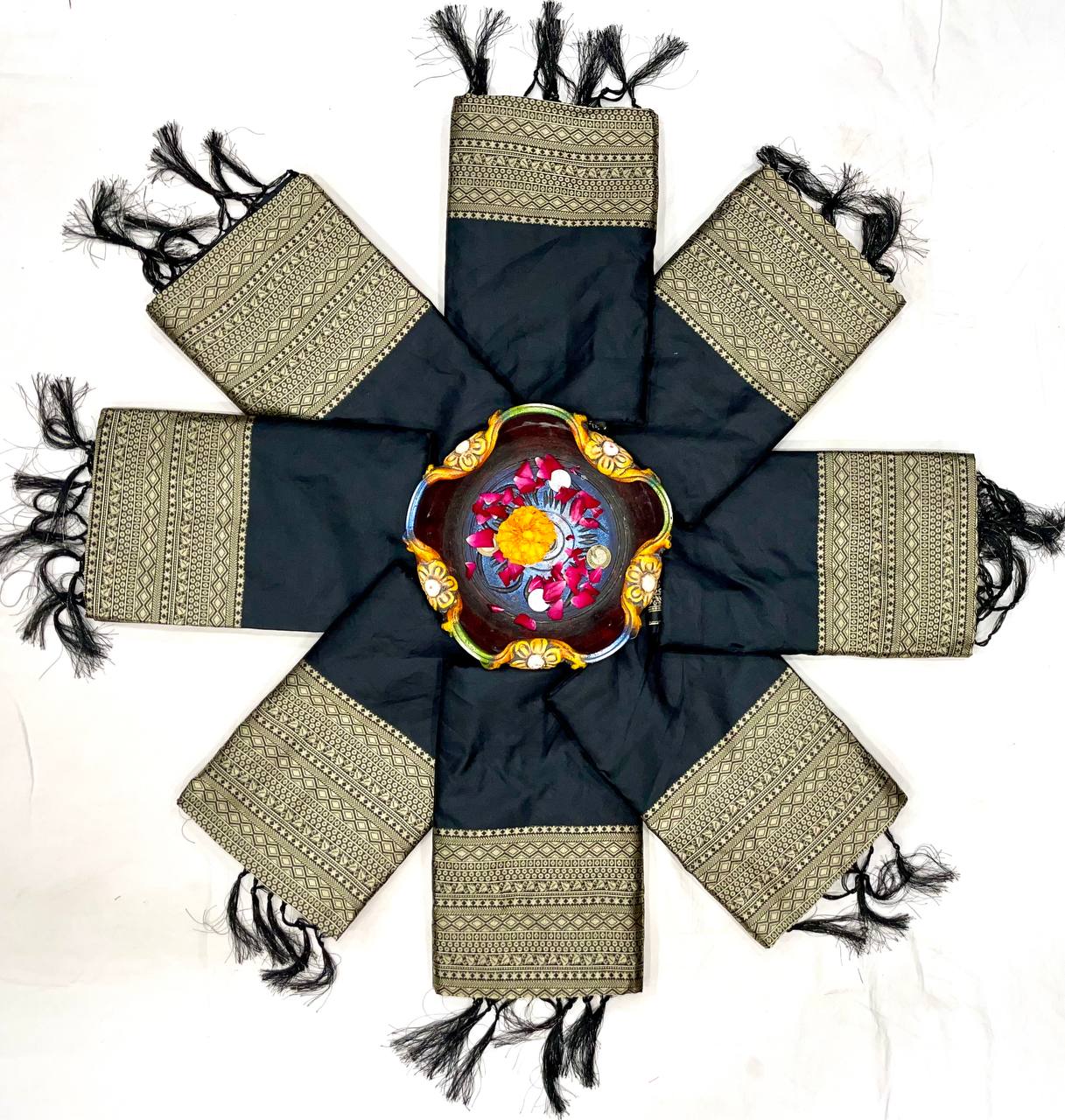 Black Lichi Silk Jacquard Weaving Saree With Beautiful Tassels