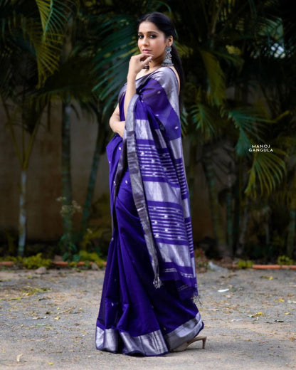 Royal Blue Jacquard Weaving Lichi Silk Saree With Fancy jalar