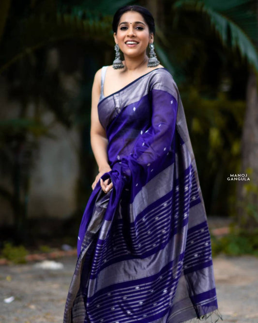 Royal Blue Jacquard Weaving Lichi Silk Saree With Fancy jalar