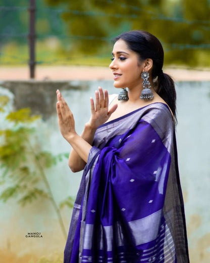 Royal Blue Jacquard Weaving Lichi Silk Saree With Fancy jalar