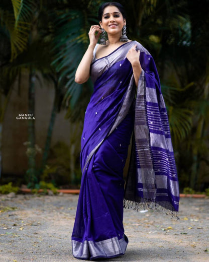 Royal Blue Jacquard Weaving Lichi Silk Saree With Fancy jalar