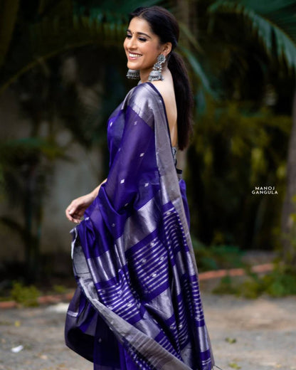 Royal Blue Jacquard Weaving Lichi Silk Saree With Fancy jalar