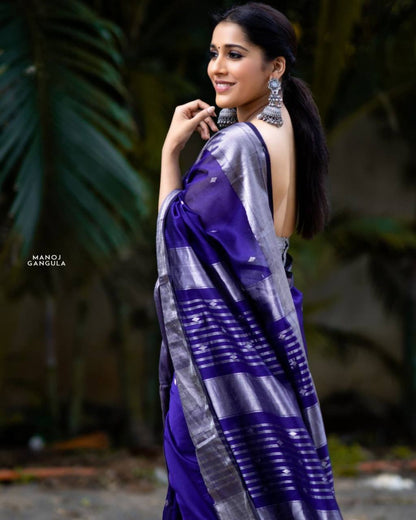 Royal Blue Jacquard Weaving Lichi Silk Saree With Fancy jalar