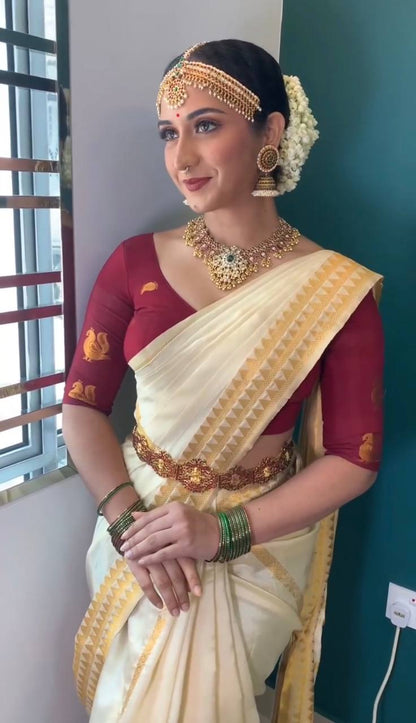 Soft Banarasi Silk Saree With Weaving Gold Zari Heavy Pallu & Zari Weaving Border With Runing Blouse