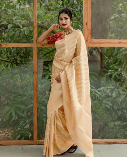 Beige Colour Soft Lichi Silk Saree With Contrast Heavy Brocade Blouse