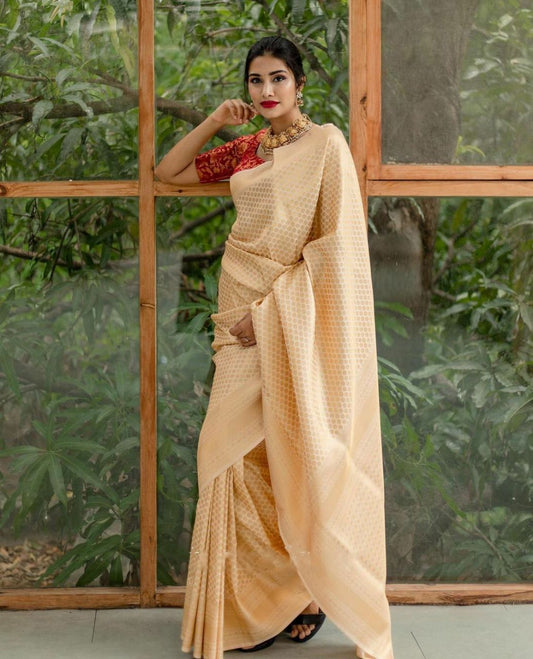 Beige Colour Soft Lichi Silk Saree With Contrast Heavy Brocade Blouse