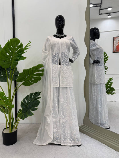 White Foux Georgette & Thread Work Plazo Suit Full Stiched