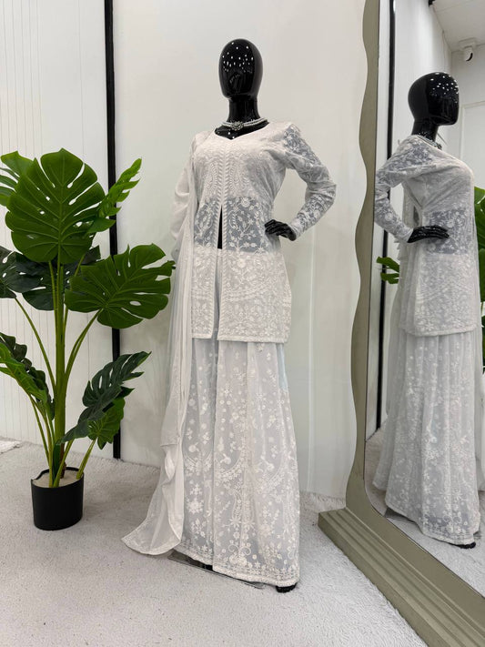 White Foux Georgette & Thread Work Plazo Suit Full Stiched
