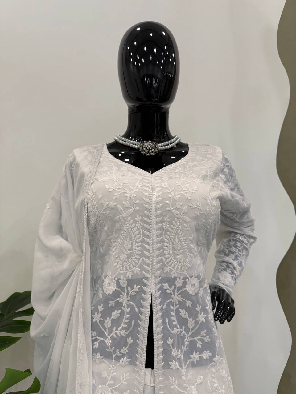 White Foux Georgette & Thread Work Plazo Suit Full Stiched