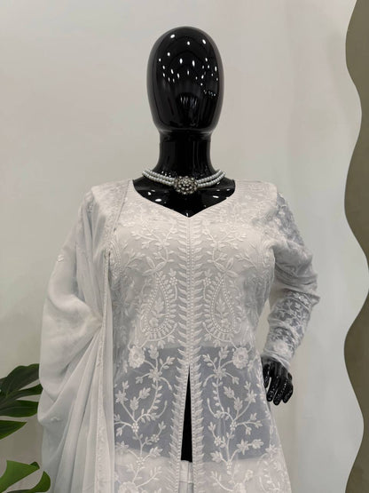 White Foux Georgette & Thread Work Plazo Suit Full Stiched