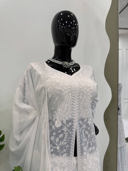 White Foux Georgette & Thread Work Plazo Suit Full Stiched