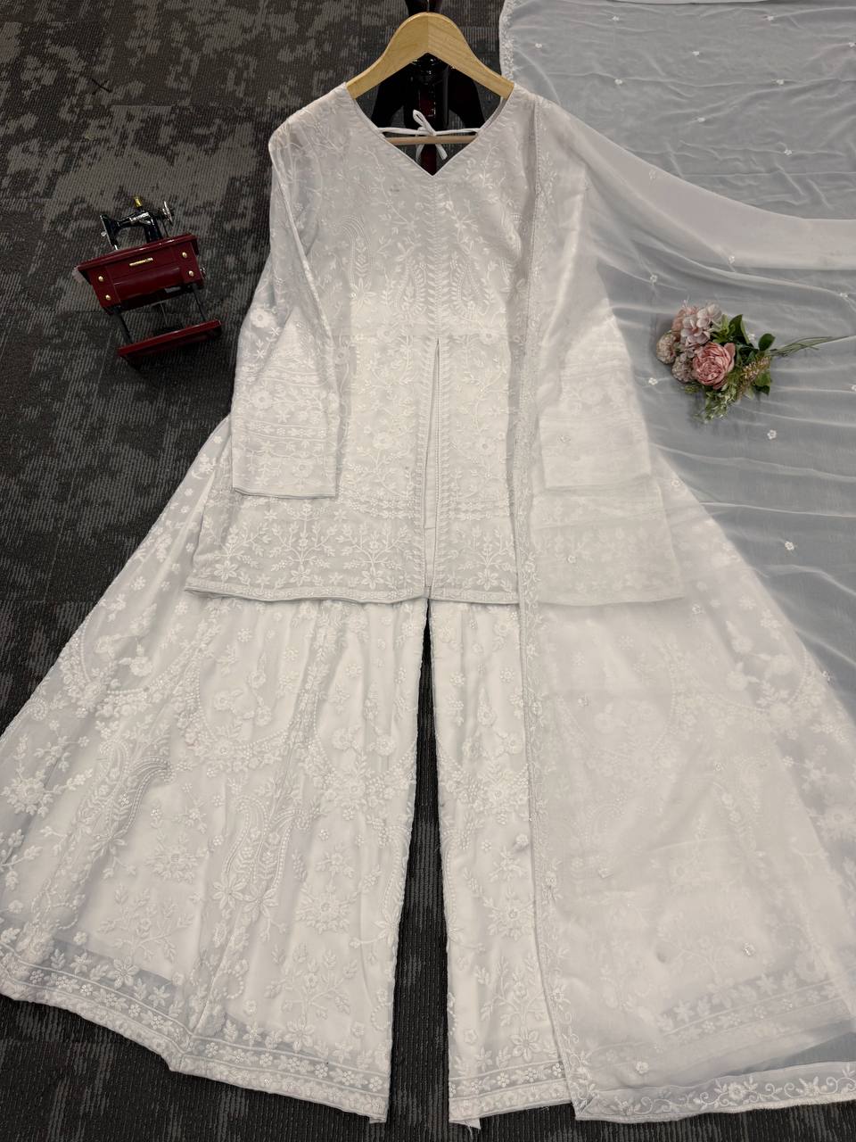 White Foux Georgette & Thread Work Plazo Suit Full Stiched