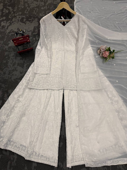 White Foux Georgette & Thread Work Plazo Suit Full Stiched