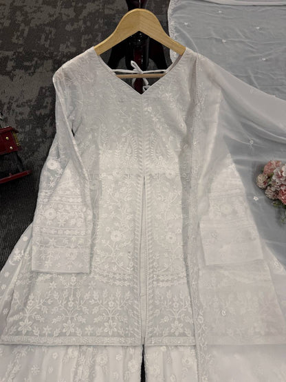 White Foux Georgette & Thread Work Plazo Suit Full Stiched