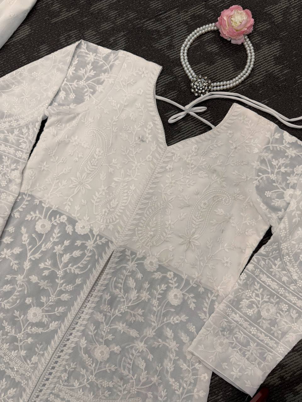 White Foux Georgette & Thread Work Plazo Suit Full Stiched